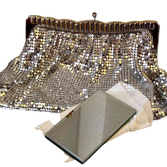 Whiting & Davis Vintage US Silver Mesh Clutch Handbag Hinged Original Mirror - Picture 6 of 13